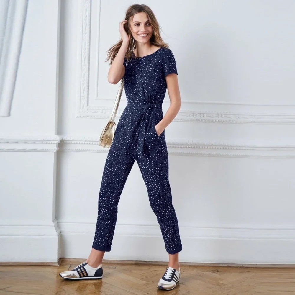 Boden Caitlin Jumpsuit Size 6T Navy Polka Dot Short Sleeve Tie Waist J0393